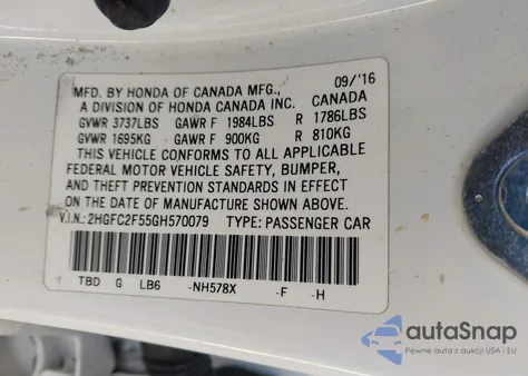 2016 Honda Civic Lx z USA, uszkodzony, nr VIN 2HGFC2F55GH570079